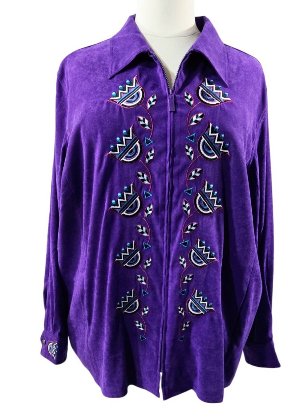 Bob Mackie NWT Wearable Art Purple Floral Embroidered Zip Jacket Artsy Boho